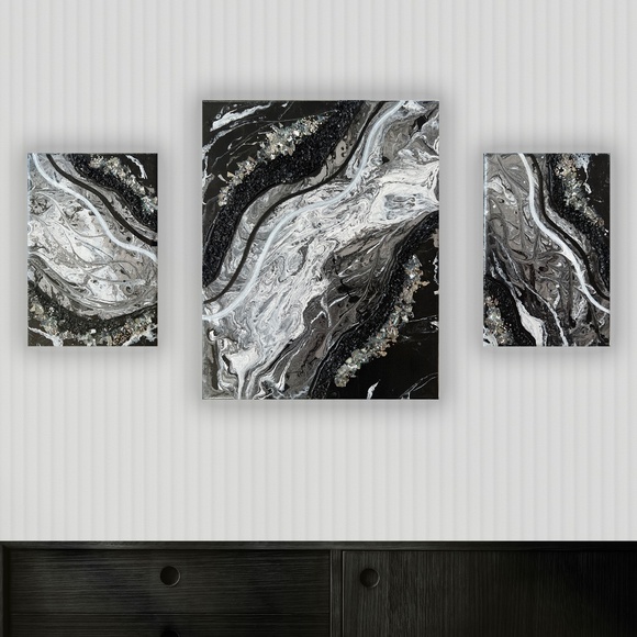 Midnight Currents - Modern Geode Textured Abstract Wall Art Set of 3